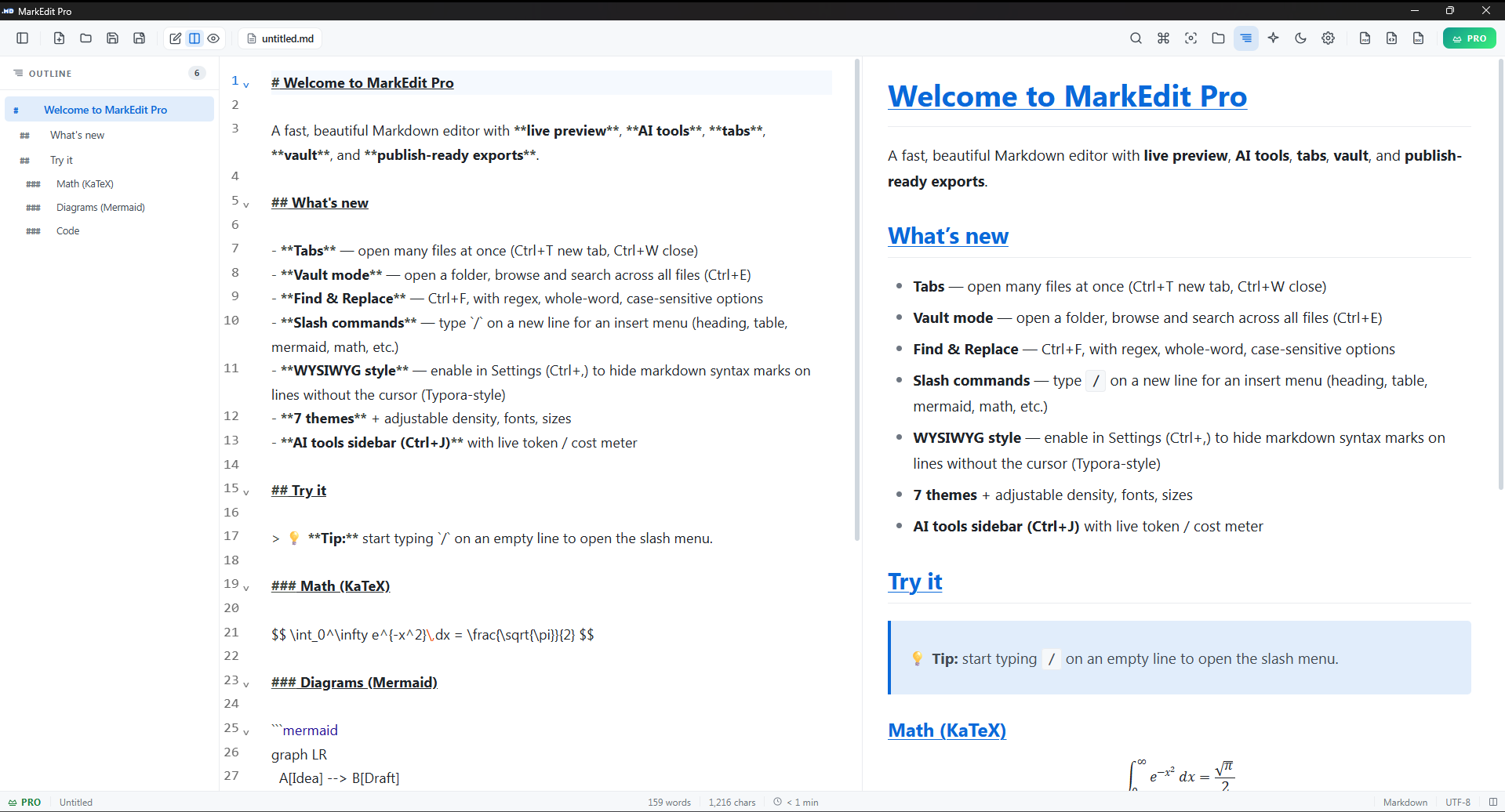 DotMD MD file editor for Windows screenshot - split-view live preview, syntax highlighting, themes, vault sidebar, token meter for Claude and GPT